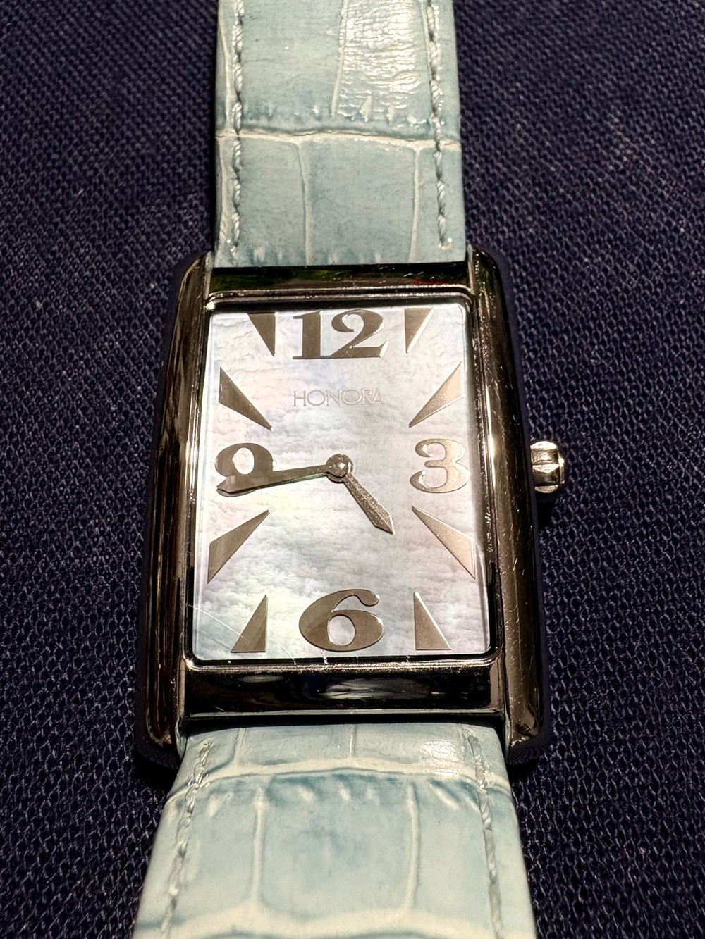 Stunning HONORA Ladies Watch, Light Blue Strap, Mother-of-Pearl Dial—NEW Battery